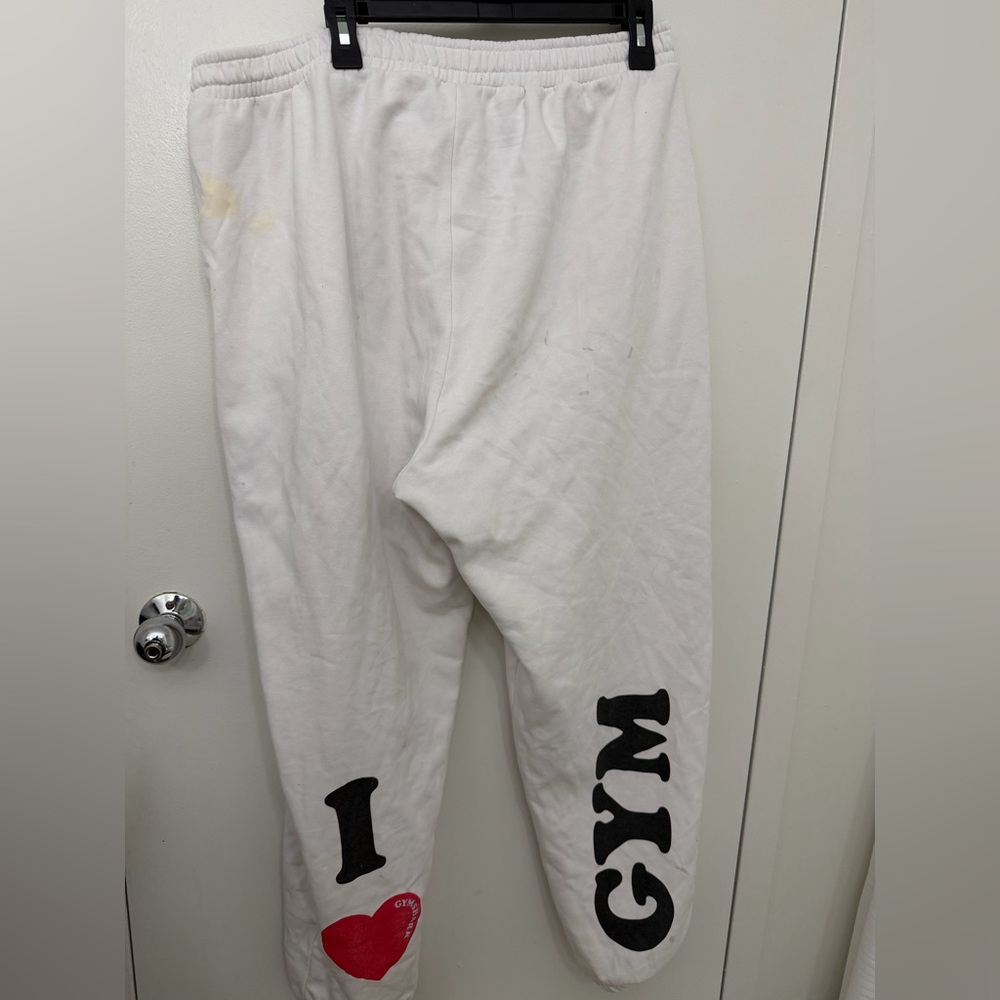 Gymshark I❤️GYM XXL on back of sweats White Track Joggers (stained)